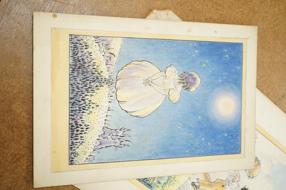 Flora White, Set of six original watercolours for children's postcard designs, to include Fairies and Children, each monogrammed, watercolours on card, unframed, largest 27 x 17cm